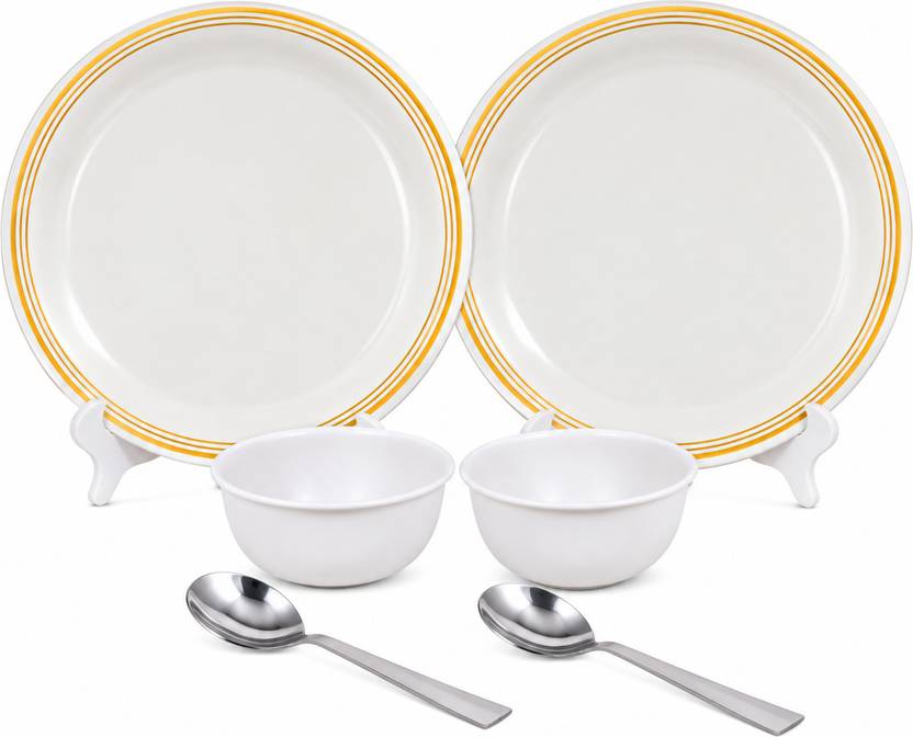 Ariya Pack of 2 Melamin 11 Inch 2 Dinner Plate with 2 White Bowls & 2 Spoon Dinner Set