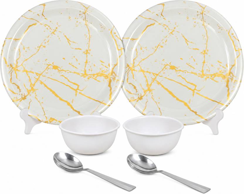 Ariya Pack of 2 Melamin 11 Inch 2 Dinner Plate with 2 White Bowls & 2 Spoon Dinner Set