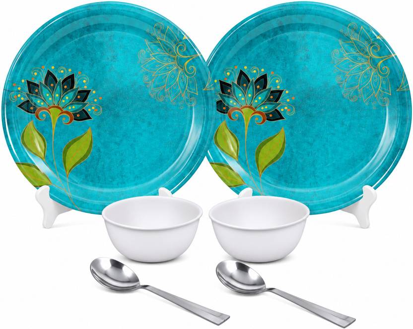 Ariya Pack of 3 Melamin 11 Inch 2 Dinner Plate with 2 White Bowls & 2 Spoon Dinner Set