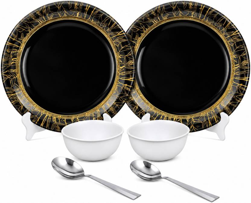 Ariya Pack of 2 Melamin 11 Inch 2 Dinner Plate with 2 White Bowls & 2 Spoon Dinner Set