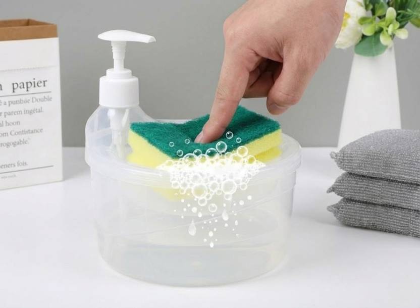 BARAGOKUL ENTERPRISE 2-in-1 Kitchen Soap Dispenser with Sponge Holder & 4-Non-Scratch Wire Sponge Plastic Bathroom Set