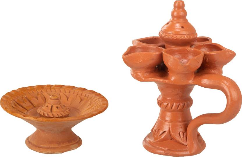 Haus Fabula Stand Panch Diya and Incense Stick holder set for Pooja Aarti/ Home Fragrance Terracotta (Pack of 2) Table Diya Set