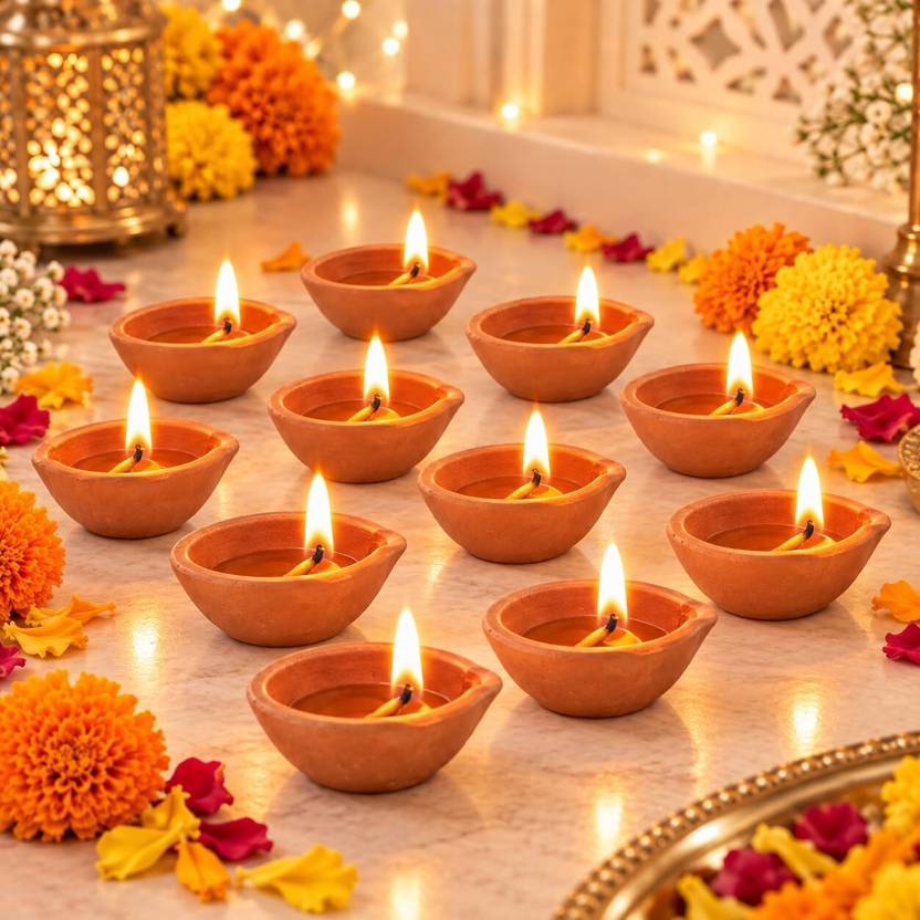 Urban Utopia Natural Clay Traditional Diwali Ke Diye | Earthen Diya for Pooja & Decoration Terracotta (Pack of 11) Table Diya Set