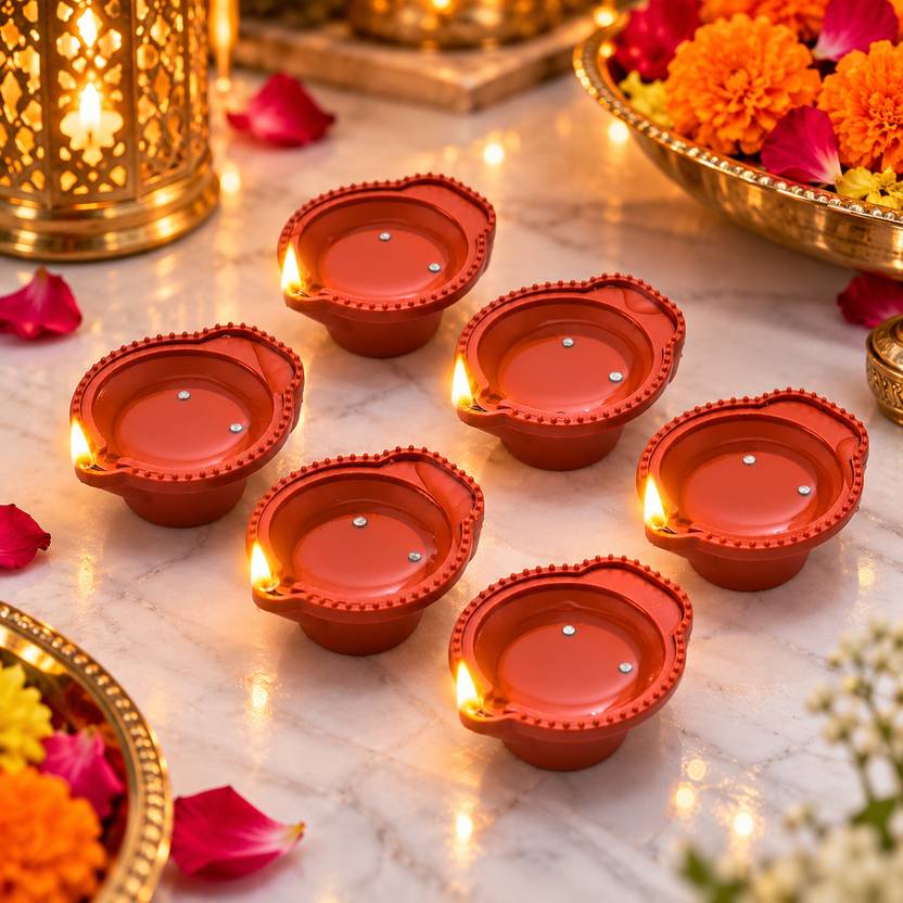CraftVatika LED Light Water Sensor DIya Deepak for DIwali Decoration Items Plastic (Pack of 6) Table Diya Set
