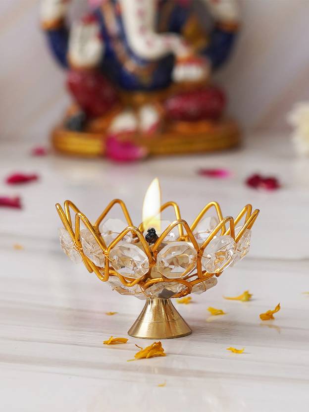 eCraftIndia One Lotus Shape Crystal Golden Brass Diya Brass, Crystal Table Diya