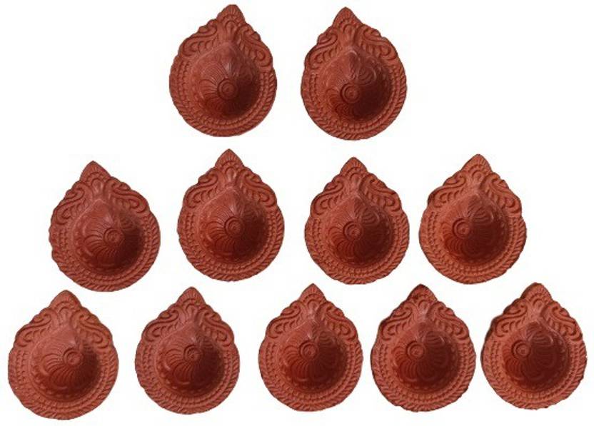 BERRYCRAVE Handmade Clay Diya Terracotta colour Designer Small Oil Lamps for Diwali Pooja Earthenware (Pack of 11) Table Diya Set