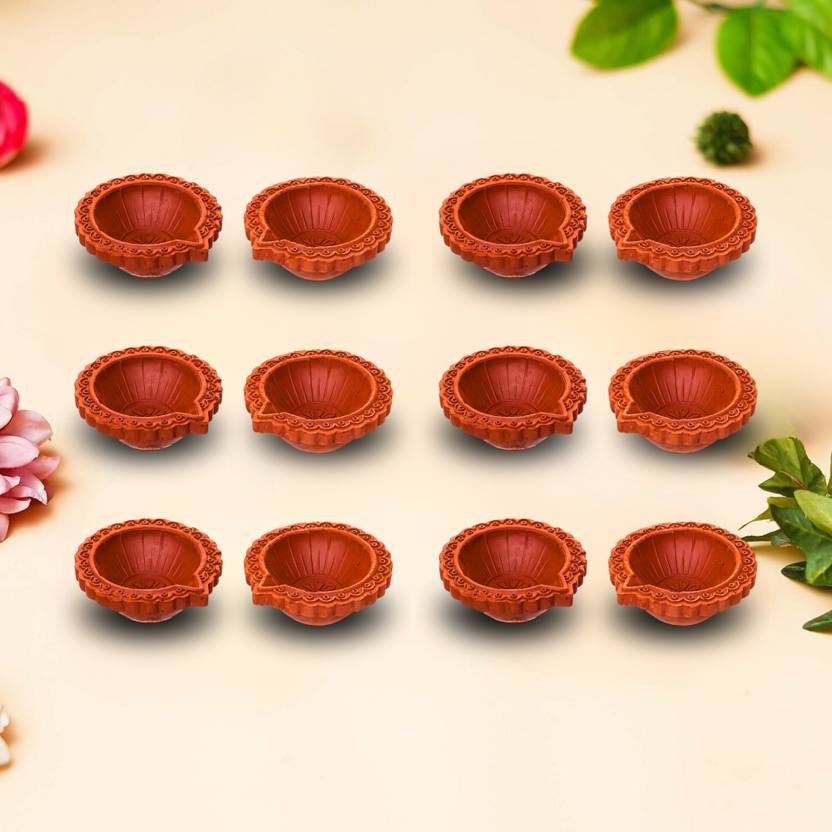 eCraftIndia Set of 12 Decorative Clay Diyas Deepam Oil Lamps, Mitti Diya for Diwali Plastic (Pack of 12) Table Diya Set