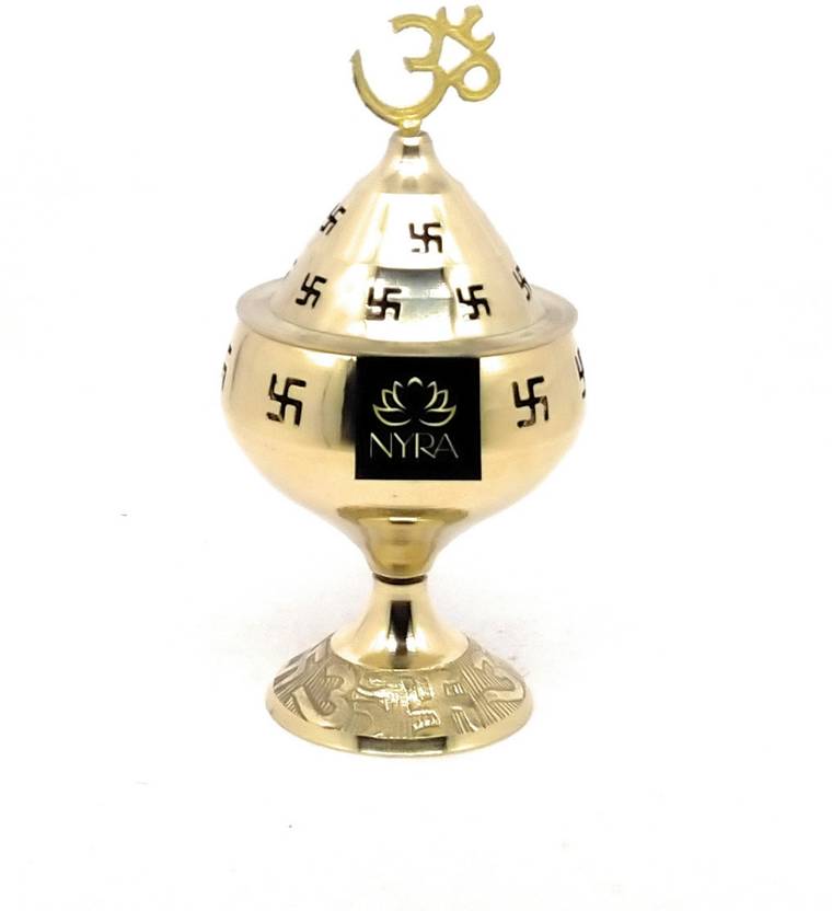 Nyra Pure Brass Gold Jali Akhand Jyoti Deep with Stand,Cover&Om Swastik