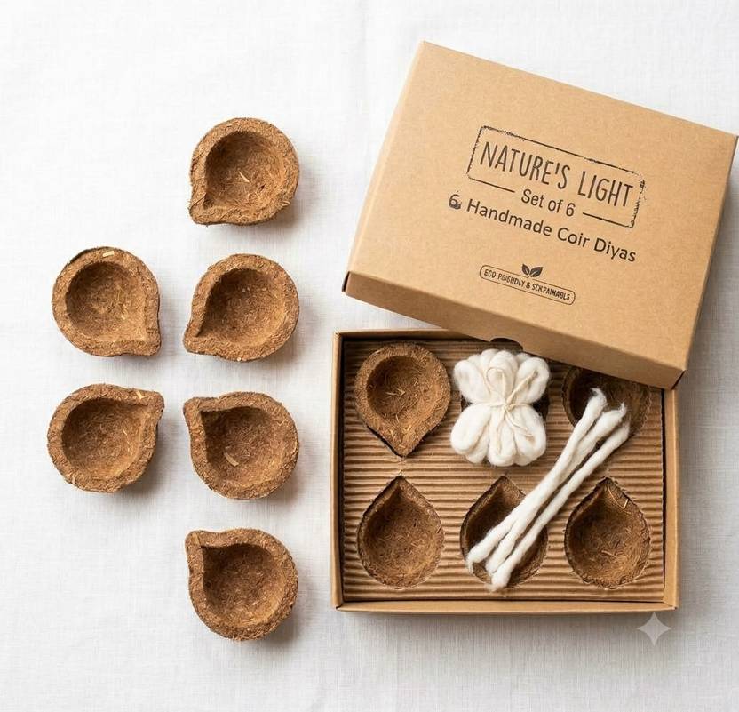 ADC ENTERPRISES Premium Organic Cow Dung Diya Gift Box with Cotton Wicks (Set of 6) Cow Dung (Pack of 6) Table Diya Set