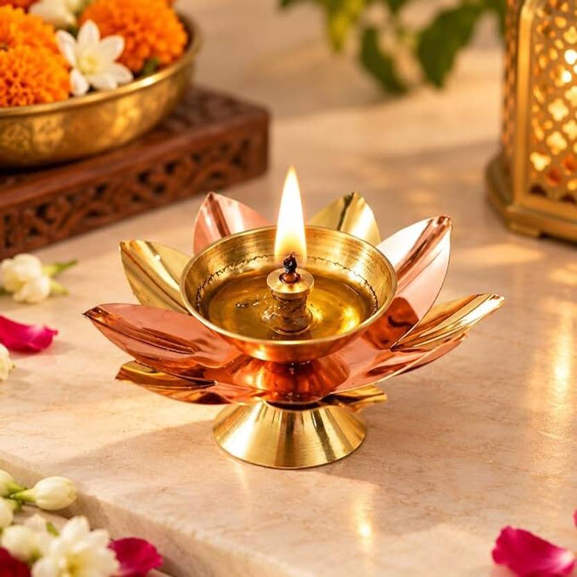 eCraftIndia Pack of 1 Brass Akhand Lotus/Kamal Diya Brass, Copper Table Diya