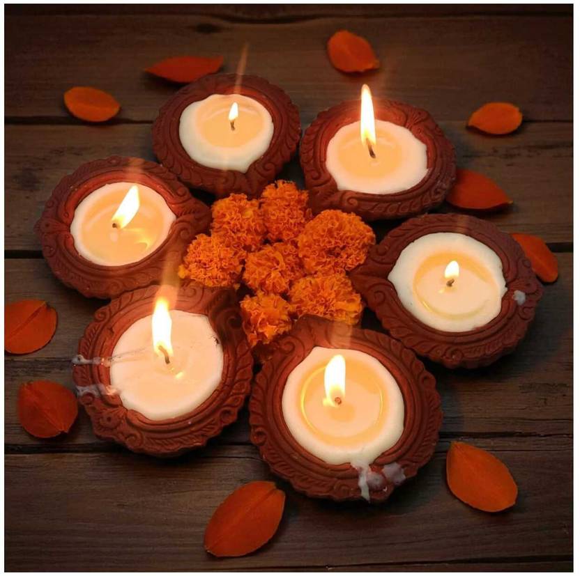 ADCOM 100% Pure Cow Ghee Diyas - Long burn up to 4 hours Terracotta (Pack of 7) Table Diya Set