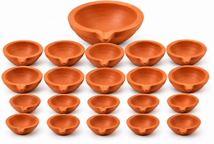 aradhyaG Terracotta, Earthenware (Pack of 21) Table Diya Set