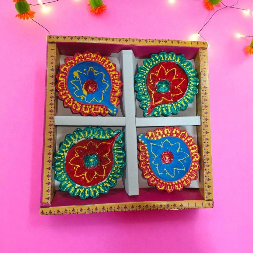 House of Festivals Handpainted Terracotta Diya Set Terracotta (Pack of 4) Table Diya Set