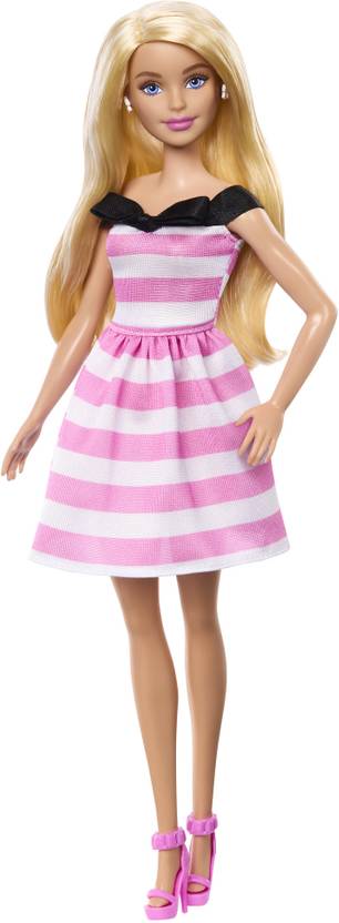 barbie 65th anniversary doll blonde hair pink striped dress accessories