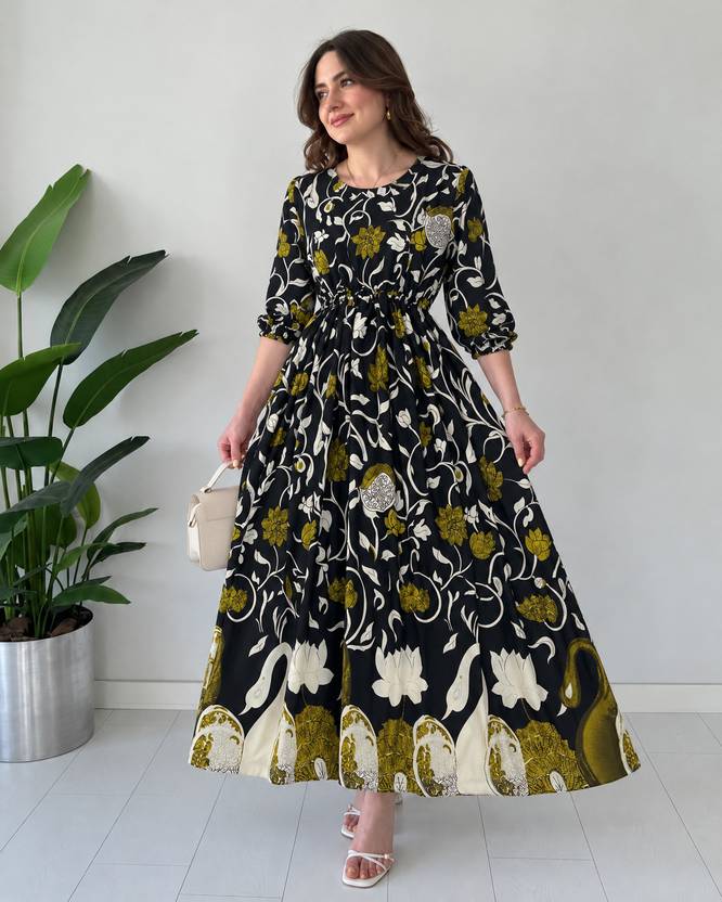 FabFinds Women Gathered Multicolor Maxi/Full Length Dress