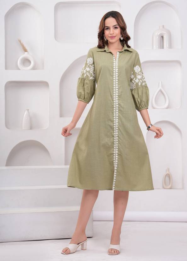 JC4U Women A-line Light Green Midi/Calf Length Dress