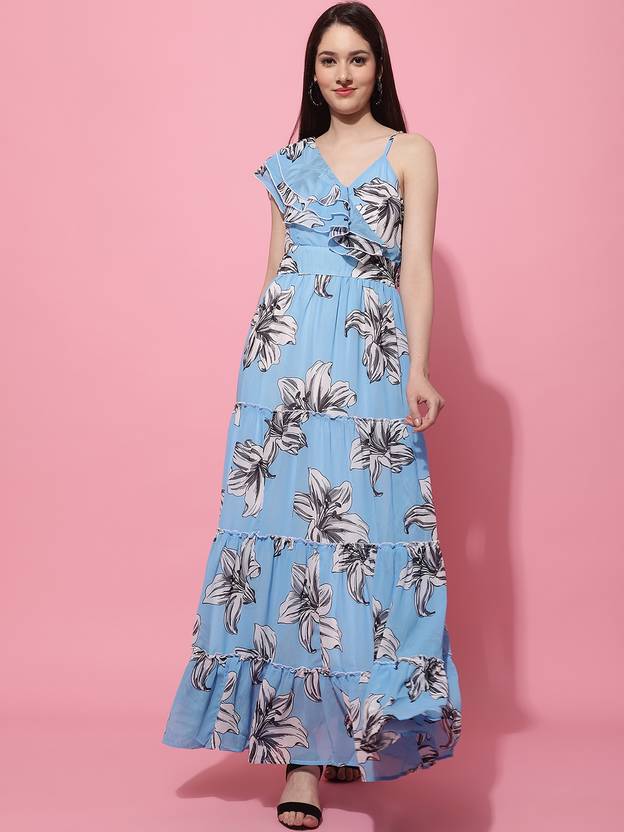 Jakanary Women A-line Light Blue Maxi/Full Length Dress