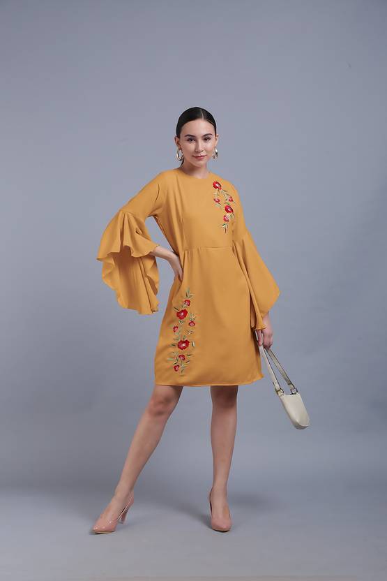 FLOREOS Women A-line Yellow Knee Length Dress
