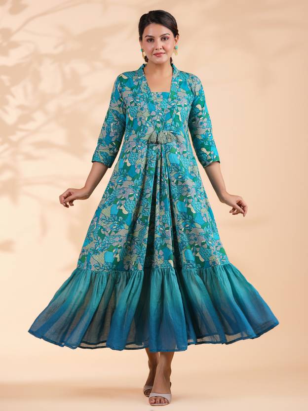 VBUYZ Women Fit and Flare Blue Ankle Length Dress
