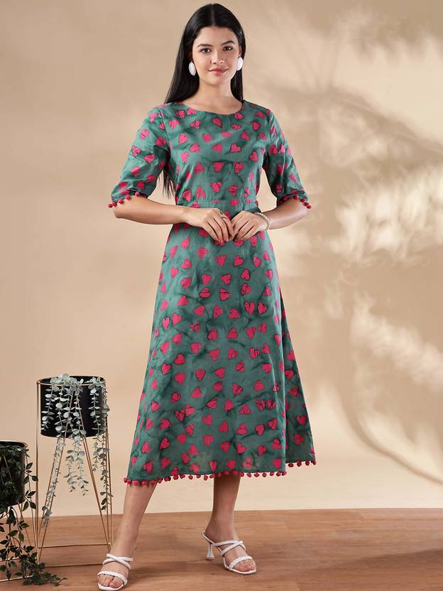 Taavi Women A-line Green Midi/Calf Length Dress