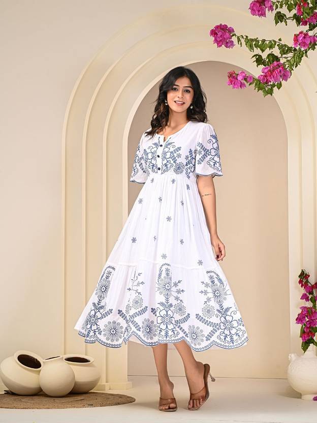 Zolo Label Women Fit and Flare White Ankle Length Dress