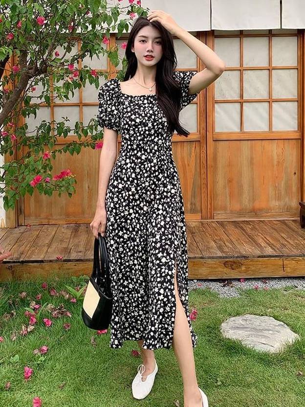 Suo Women A-line Black Midi/Calf Length Dress