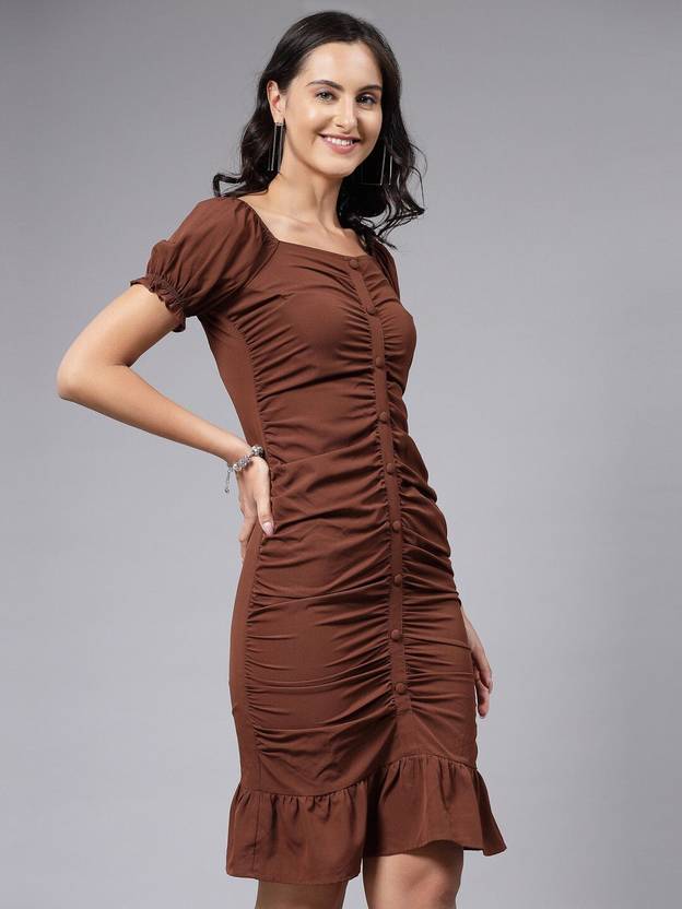 AAYU Women Bodycon Brown Knee Length Dress