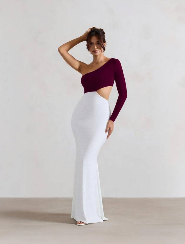 Clafoutis Women Bodycon Maroon, White Maxi/Full Length Dress