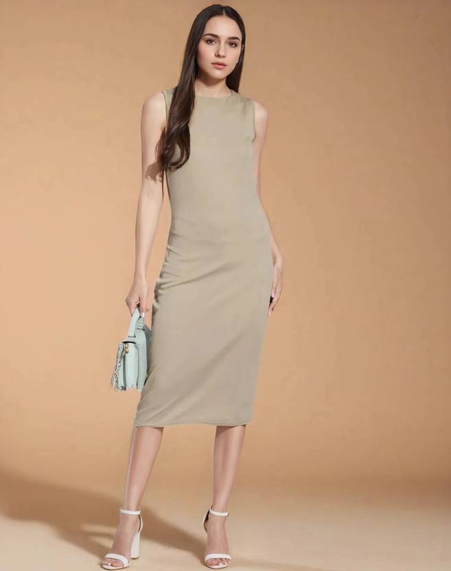 Selvia Women Bodycon Beige Below Knee Dress