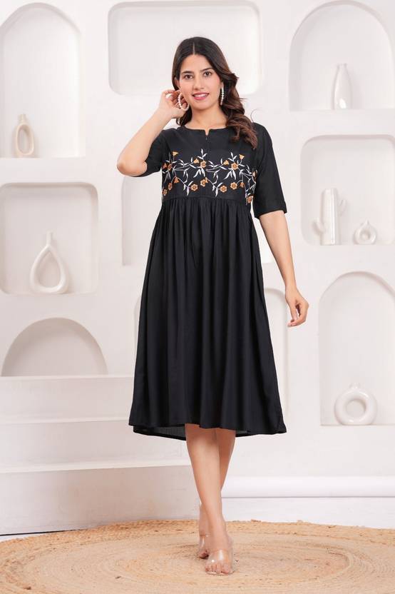 BABLIFASHION Women Fit and Flare Black Below Knee Dress