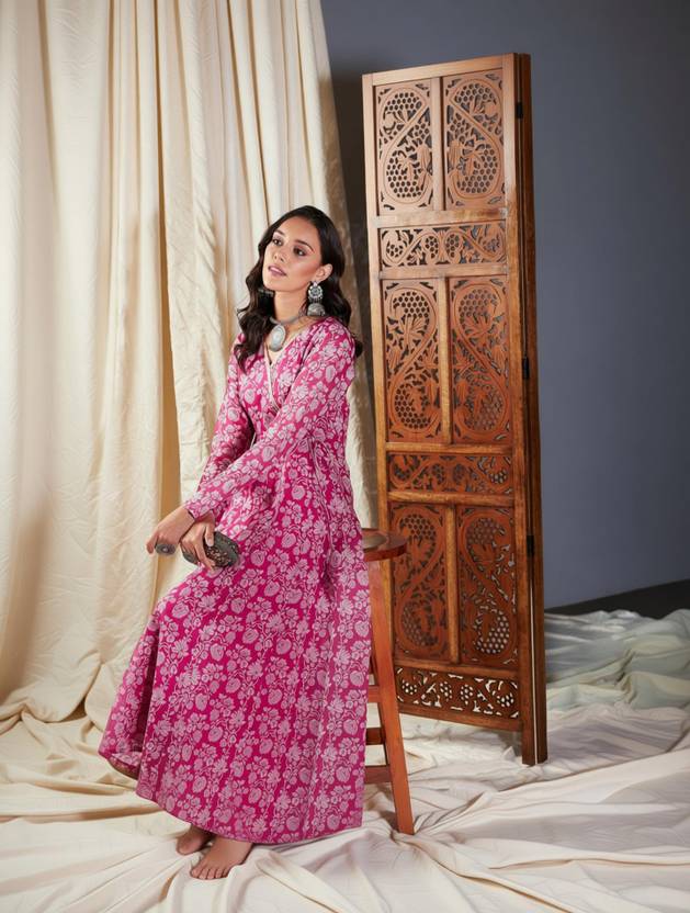 Shae by SASSAFRAS Women Maxi Pink, White Full Length Dress