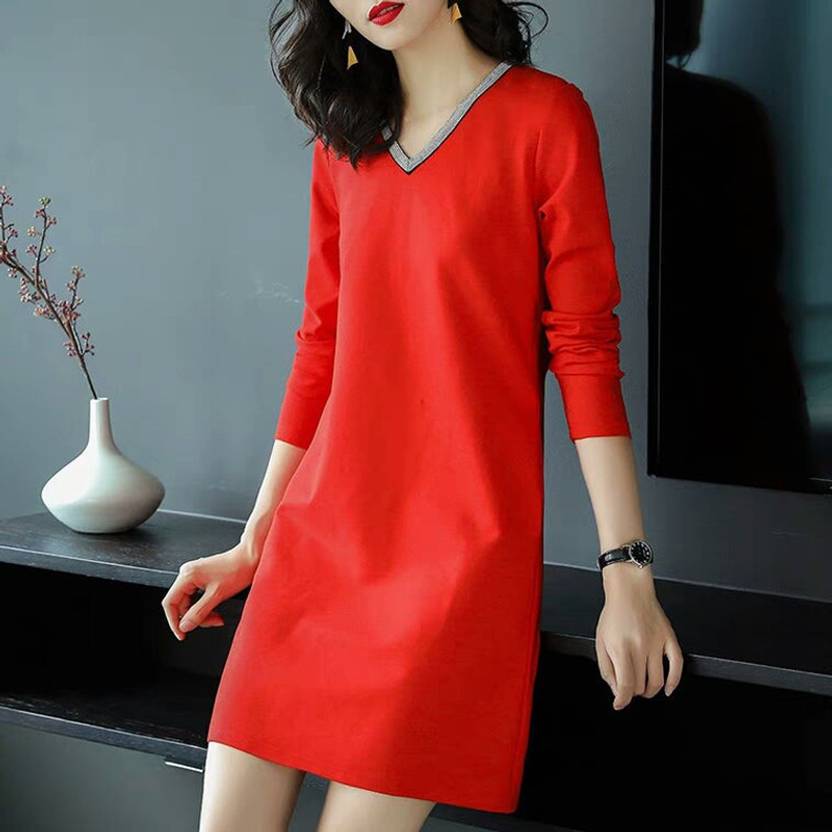 BoStreet Women A-line Red Above Knee/Mid Thigh Length Dress