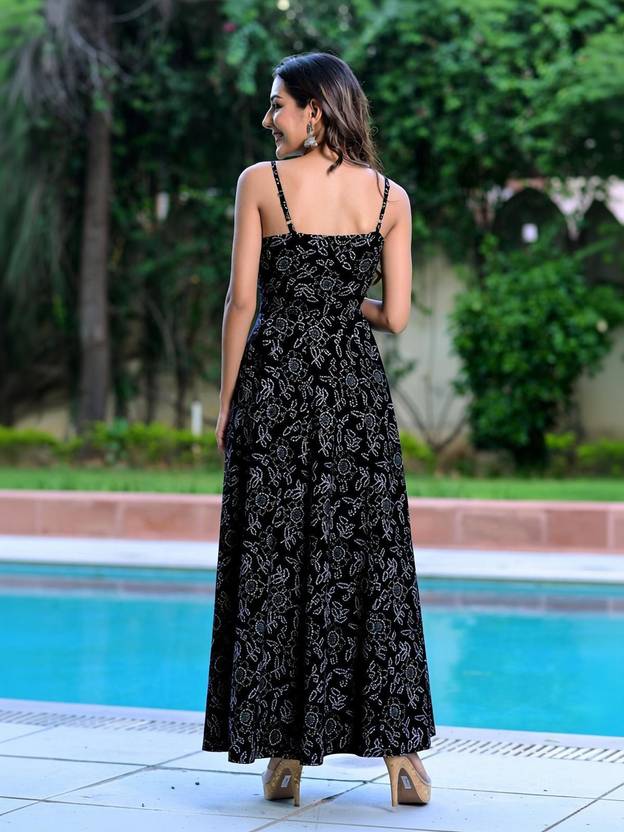 Tanavigarment Women A-line Black Maxi/Full Length Dress