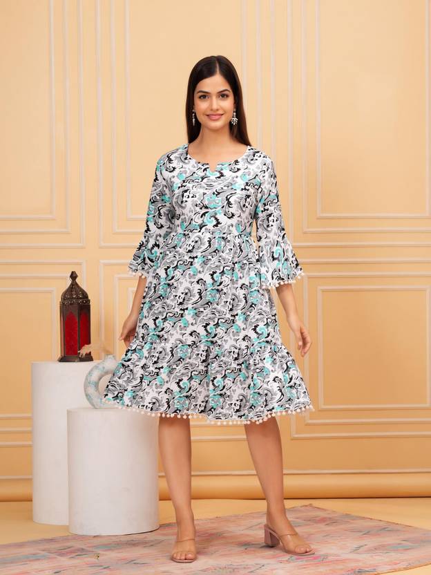 ASFEBRICS Women Skater Multicolor Knee Length Dress