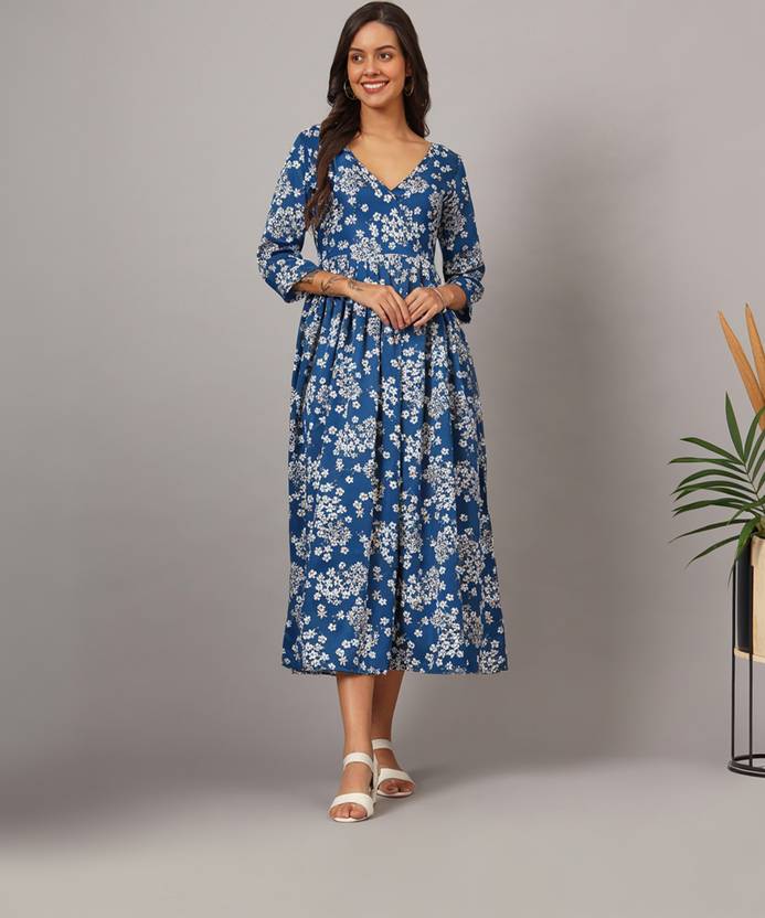 Dhakre fashion Women A-line Light Blue Midi/Calf Length Dress