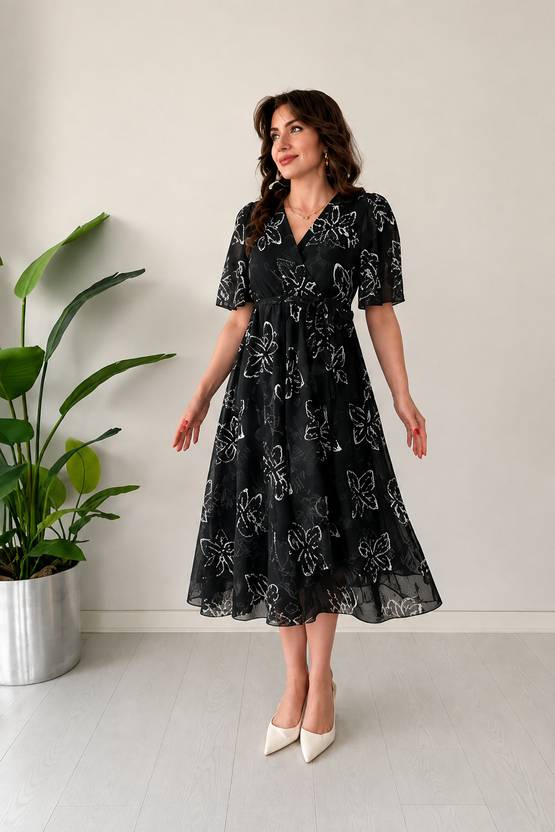 FabFinds Women Fit and Flare Black, White Maxi/Full Length Dress