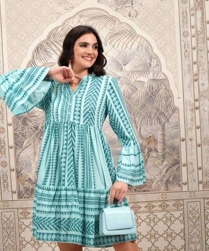 Vishudh Women Gathered Light Blue, Blue Knee Length Dress