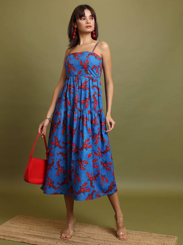Vishudh Women Fit and Flare Red, Blue Midi/Calf Length Dress