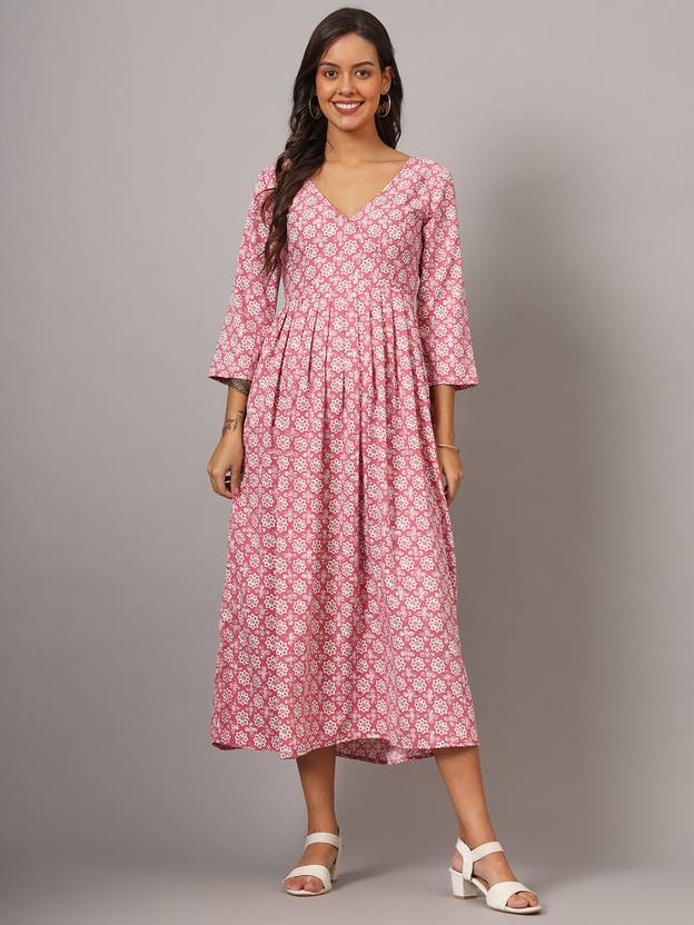 Dhakre fashion Women Fit and Flare Pink Below Knee Dress
