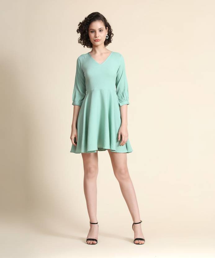 Toochki Women Fit and Flare Light Green Above Knee/Mid Thigh Length Dress