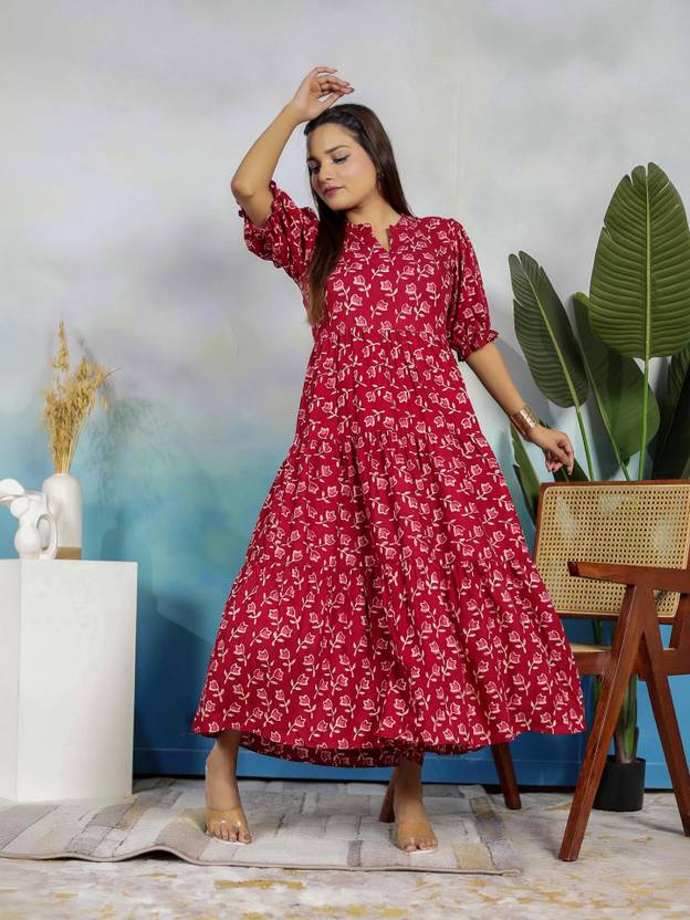 Presha Women Tiered Maroon Maxi/Full Length Dress