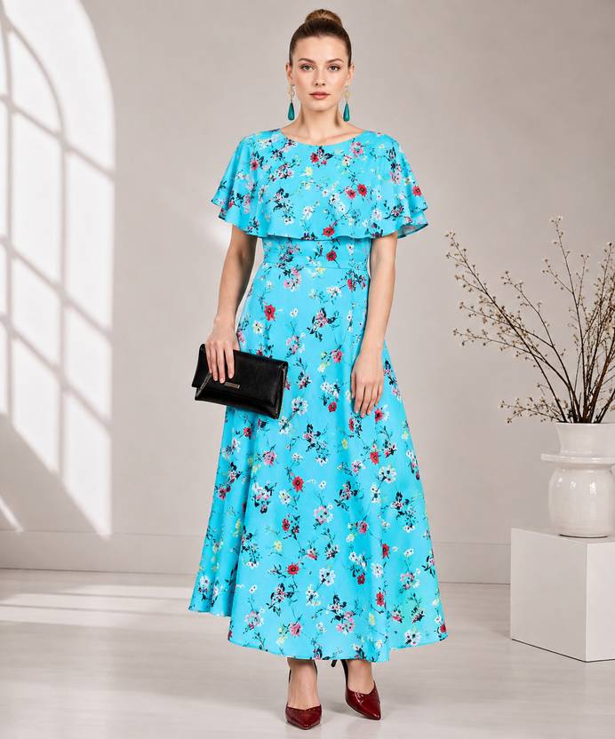 KASHIAN Women Fit and Flare Light Blue Ankle Length Dress
