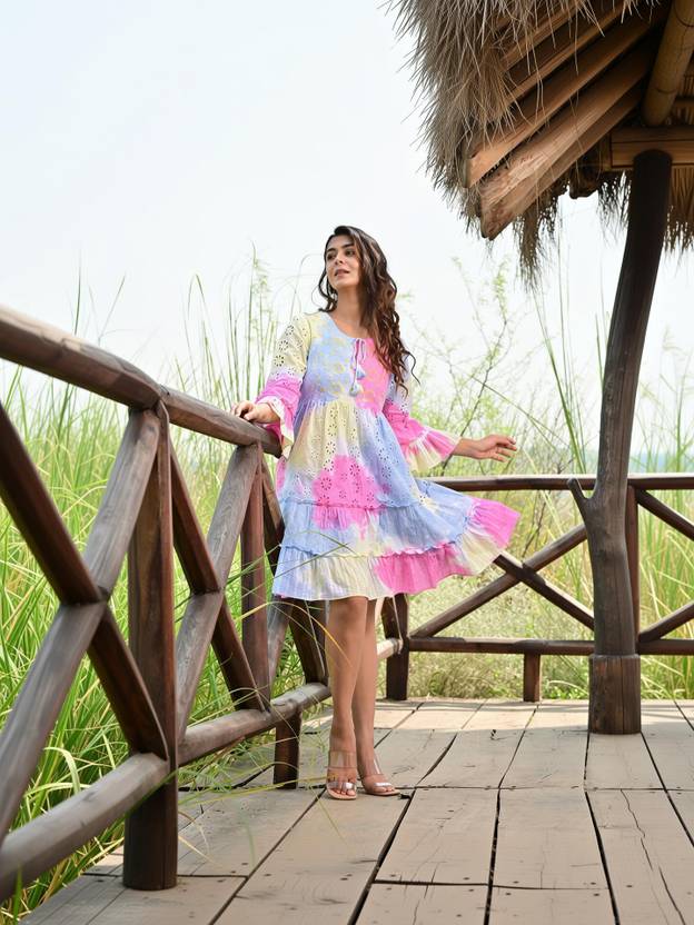 ZOLO Women Fit and Flare Light Blue, Pink, Light Green Above Knee/Mid Thigh Length Dress