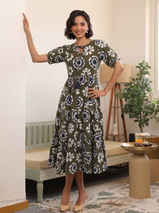 Larqi Women Fit and Flare Green Midi/Calf Length Dress
