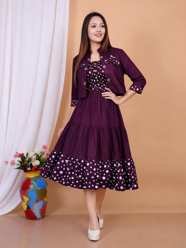 femmora Women Tiered Purple Below Knee Dress