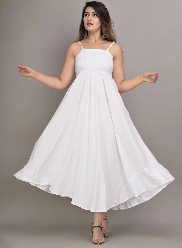 VYMO Women Fit and Flare White Maxi/Full Length Dress