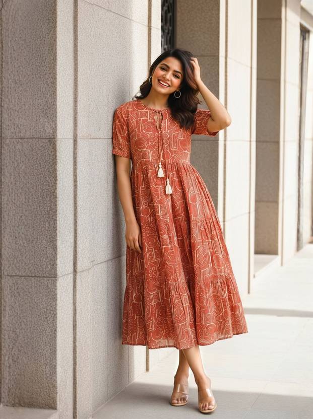 Larqi Women Fit and Flare Orange Midi/Calf Length Dress