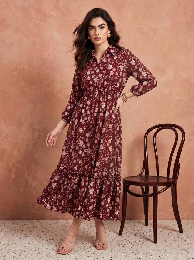FashFun Women Fit and Flare Maroon Midi/Calf Length Dress