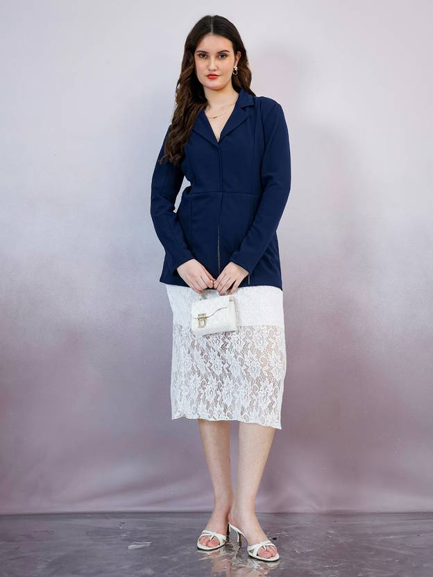 Shally Bhasin By Athena Women Sheer Blue, White Midi/Calf Length Dress
