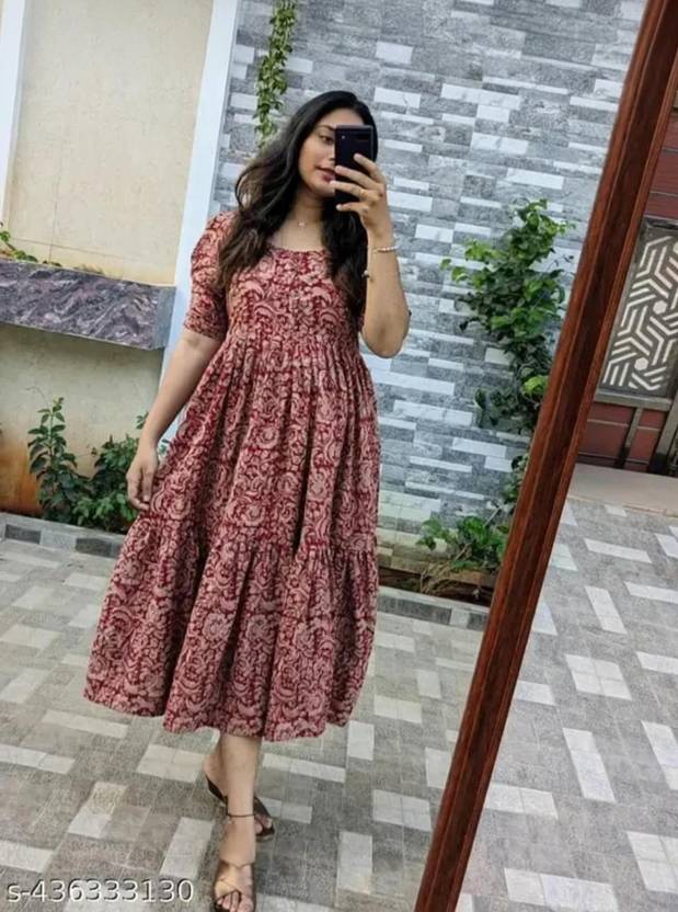 BNT Women Fit and Flare Maroon Midi/Calf Length Dress